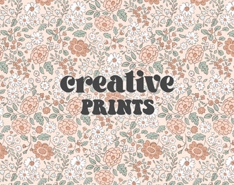 May include: A seamless pattern featuring a repeating design of small white and light brown flowers on a light peach background. The text "Creative Prints" is centered on the image.