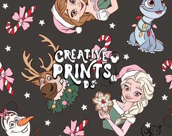 Ice Princess Christmas Seamless PNG, Winter Fairytale Snowman Pattern Sublimation, Holiday Reindeer Lizard Seamless Fabric Graphic