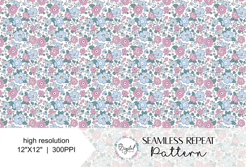 Puede incluir: Un patr&oacute;n de repetici&oacute;n sin costuras que presenta un fondo blanco con un delicado dise&ntilde;o floral. El patr&oacute;n incluye peque&ntilde;as flores azules y rosas con hojas verdes.