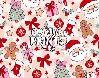 Santa Claus Gingerbread Man Christmas Seamless Pattern Png - Pink Bow Holiday Tree Candy Cane Surface Design Digital Download