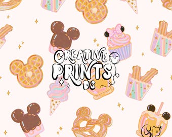 Pastel Theme Park Treats Seamless Pattern Png - Sweet Snacks Waffle Pretzel Ice Cream Fabric Surface Design Digital Download