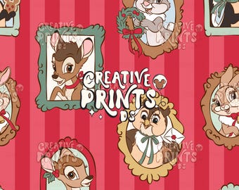 Patrón sin costuras de amigos del bosque enmarcado PNG, diseño de tela de animales del bosque navideños con rayas rojas, azulejo textil vintage sin costuras de 300 DPI