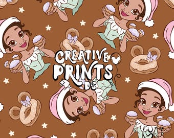 Magical Princess Christmas Seamless PNG, Fairytale Mouse Beignet Pattern Sublimation, Holiday Theme Park Treat DTF Digital Download