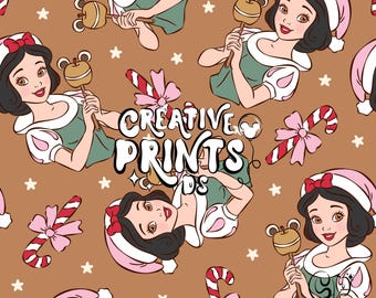 Magical Princess Christmas Seamless PNG, Classic Fairytale Mouse Apple Pattern Sublimation, Brown Candy Cane DTF Digital Download