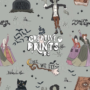 May include: A seamless pattern featuring Halloween-themed illustrations on a gray background. The design includes bats, witches, a tombstone, a black cat, and the text "Creative Prints DS" and "Come, We Fly".
