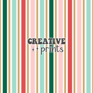 May include: A seamless pattern with alternating vertical stripes in white, pink, light blue, gold, and red. The text "CREATIVE + prints" is centred in the middle of the pattern.