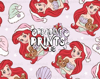 Princesa Sirena Navidad PNG sin costuras, Patrón de pretzel de ratón de cuento de hadas oceánico para sublimación, Tela navideña de conchas marinas descarga digital PNG