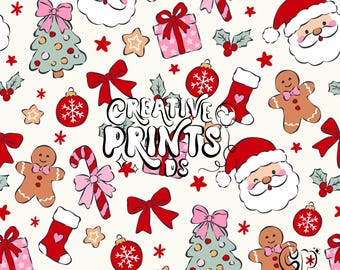 Santa Claus Gingerbread Man Christmas Seamless Pattern Png - Pink Bow Holiday Tree Candy Cane Surface Design Digital Download