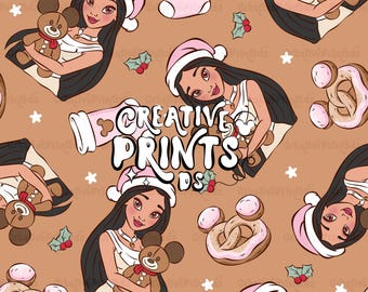 Princesa nativa navideña PNG sin costuras, patrón de pretzel de ratón de cuento de hadas para sublimación, tela de oso de jengibre navideño descarga digital PNG
