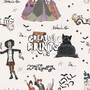 May include: A repeating pattern featuring cartoon illustrations of witches, a black cat on a tombstone, bats, and the text "Creative Prints DS" and "I put a spell on you". The design includes a broom and a candle.