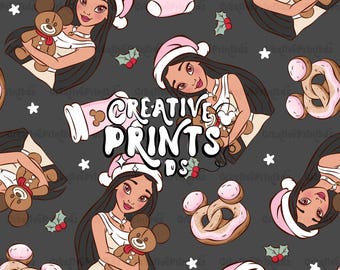 Princesa nativa navideña PNG sin costuras, patrón de pretzel de ratón de cuento de hadas para sublimación, tela de oso de jengibre navideño descarga digital PNG