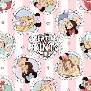 May include: A repeating pattern featuring cartoon princesses in heart-shaped frames with Minnie Mouse ears, set against a pink and white striped background. The text "CREATIVE PRINTS" is in the center, with small star accents.