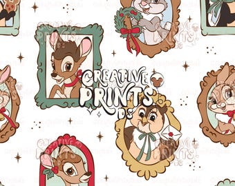 Patrón PNG sin costuras de amigos del bosque enmarcado, diseño de tela vintage con marcos de animales del bosque navideños, azulejo textil sin costuras color crema de 300 DPI.