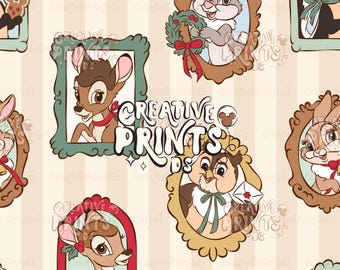Patrón sin costuras de amigos del bosque enmarcado PNG, diseño de tela de animales del bosque navideños a rayas beige, azulejo textil sin costuras color crema 300 DPI