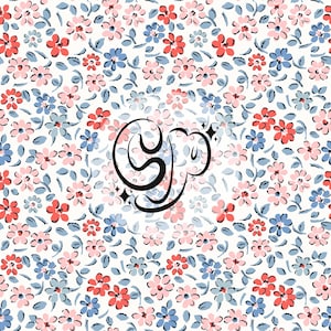 May include: A white background with a repeating pattern of small pink, blue, and red flowers. The flowers are surrounded by small green leaves. The letters "SG" are in the centre of the image in a black cursive font.