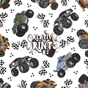 May include: A white background with a repeating pattern of cartoon monster trucks in various colors, including green, purple, and orange. Each truck has large tires and a unique design. Checkered flags and stars are scattered throughout the design. The text "CREATIVE PRINTS DS" is also present.