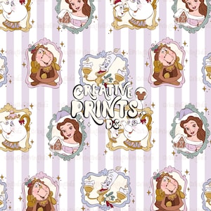 Enchanted Princess Christmas Seamless Pattern PNG, Fairytale Rose Teapot Candelabra Fabric Design, Lavender Stripe Textile Tile 300 DPI