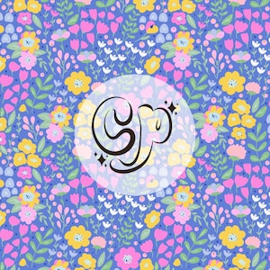 May include: A blue background with a white circle containing the word "Om" in black script. The background is filled with a pattern of pink, yellow, and white flowers.