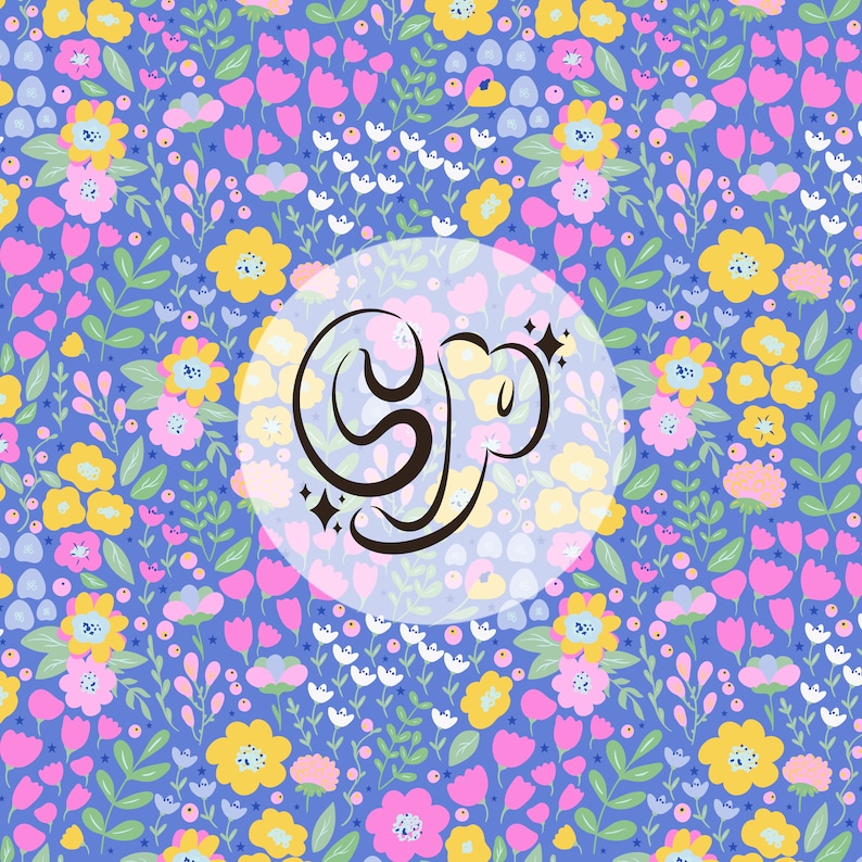 May include: A blue background with a white circle containing the word "Om" in black script. The background is filled with a pattern of pink, yellow, and white flowers.