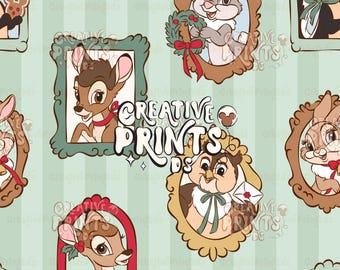 Patrón sin costuras de amigos del bosque enmarcado PNG, diseño de tela de animales del bosque navideños a rayas beige, azulejo textil sin costuras color crema 300 DPI