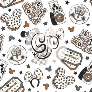 May include: A white background with a repeating pattern of brown and black Mickey Mouse ears, a brown and black Mickey Mouse head, a brown and black camera, a brown and black ticket with the text "Magical World", a brown and black sign with the text "It's a small world!" and a brown and black sign with a smiling face.
