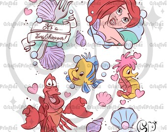 Könnte beinhalten: Ein Set mit bunten Cartoon-Illustrationen mit Figuren aus Arielle, die Meerjungfrau. Die Illustrationen zeigen Arielle, Sebastian, Flounder und eine Muschel mit einer Perle. Die Illustrationen sind im Cartoon-Stil gehalten und eignen sich perfekt für Bastelarbeiten, Scrapbooking oder andere kreative Projekte.