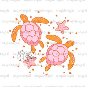 May include: Two pink and orange cartoon sea turtles swimming with orange starfish and stars on a white background.