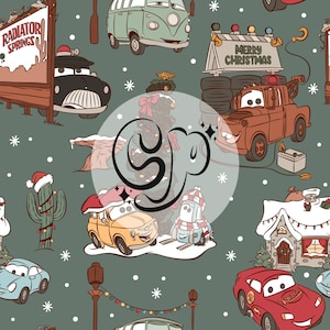 May include: A festive Christmas-themed pattern featuring cartoon cars from the movie Cars. The pattern includes a red car with the words "Radiator Springs" on the side, a yellow car with a Christmas tree on top, and a blue car with a Santa hat. The background is a green and white snowflake pattern.