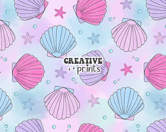 Summer Seamless Pattern, Mermaid Pattern for Fabric Sublimation, Shells Fabric design, Commercial use