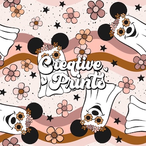 Floral Mouse Ghosts Seamless file, Halloween Seamless Pattern, Groovy Boho Seamless file, Magical Seamless file for fabrics