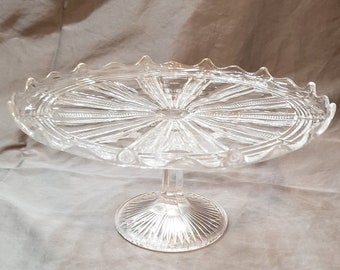 Vintage Clear Glass Pedestal Cake Stand, Scalloped Edge, Ribbed Design