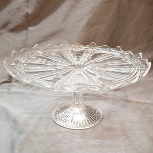 Vintage Pedestal Cake Stand/ Pastry Stand Clear Glass With Scalloped Cupped Edge & Ribbed Design, Cupcake Stand