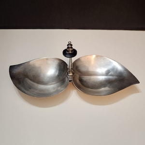 Mid Century Double Heart Leaf Shaped Serving Dish With Handle With Finial & Ball Feet FB Rodgers Silver On Copper, Nut Dish