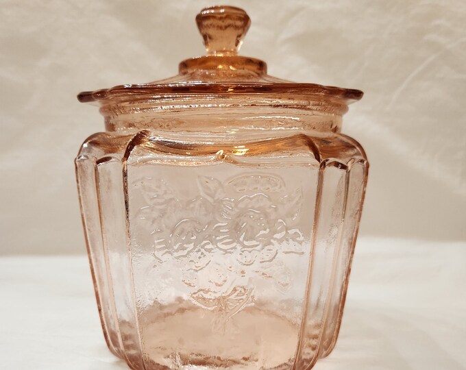 Mayfair Open Rose Pink Depression Glass Cookie Jar / Biscuit Jar With