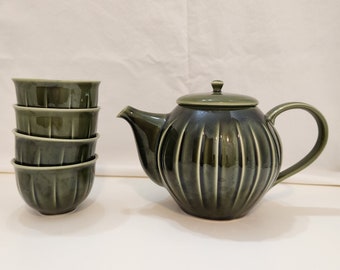 Japanese Tea Set Green Porcelain Teapot With Infuser & 4 Cups, Teavana