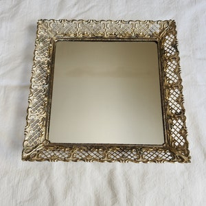 Vintage Mirrored Vanity Tray With Metal Filigree Frame, Square Wall Mirror, Vanity Mirror With Frame