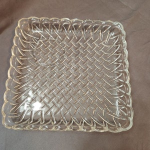 Mid Century Square Snack Tray With Cup Holder & Scalloped Edge Clear Glass In Pretzel Pattern By Indiana Glass Vanity Tray/ Trinket Tray