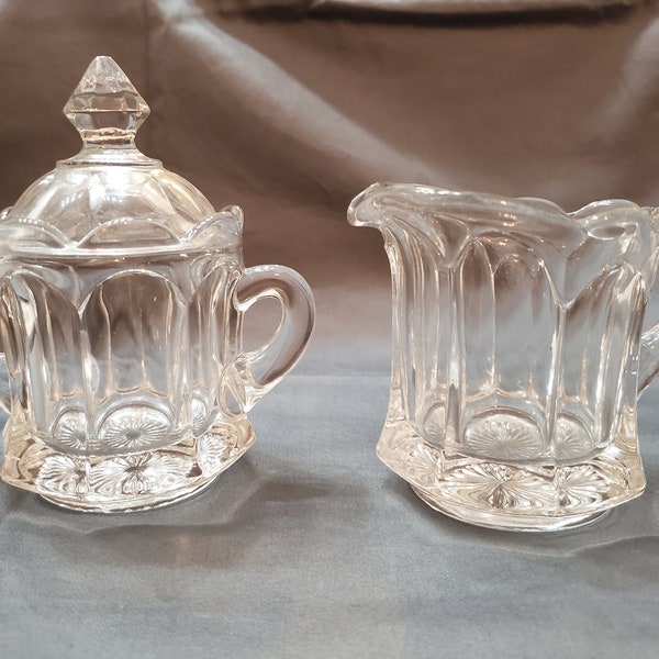 Vintage Imperial Glass Old Williamsburg Pattern Clear Glass Sugar Bowl With Lid & Creamer Set