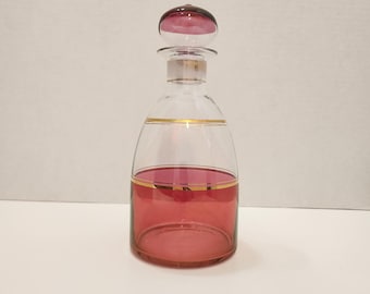 Vintage Cranberry Glass Liquor Decanter - Mid Century Barware with Gold Trim