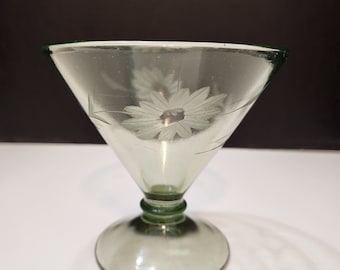 Green Depression Glass Wheel Cut Floral Motief Footed Compote / Candy Dish , Uranium Glass