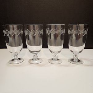 Fostoria Etched Holly Clear Pattern Crystal Footed Juice Glasses/ Cordials Set of 4, Vintage Barware