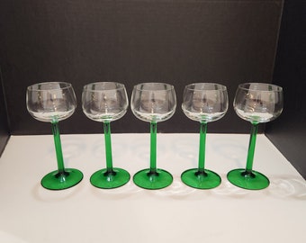 Vintage Rhine Wine Glasses Emerald By Cristal D'Arques France Set Of 5, Green Stem & Foot , Clear Bowl