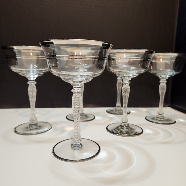 Vintage Champagne Coupe Cocktail Glasses With Platinum Trim & Textured Beaded Stems  Set Of 6, Vesta Platinum By Libby, Rare 1930's Barware