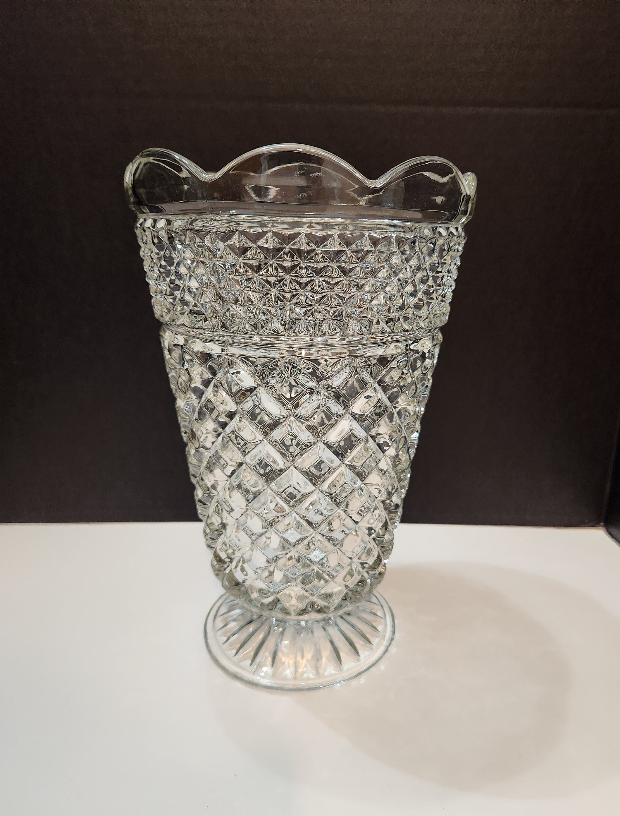 Vintage Pressed Glass Footed Bud Vase with Diamond Pattern Vintage Pressed Glass Footed Bud Vase with Diamond Pattern