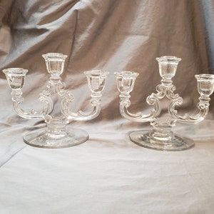 Fostoria Lafayette 2482 Mid Century Set of 2 Clear Glass Three Light Candlesticks / Candleabra
