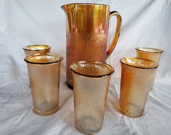 Antique Pitcher & 5 Tumblers Set, Marigold Carnival Glass Imperial Tree Trunk Pattern