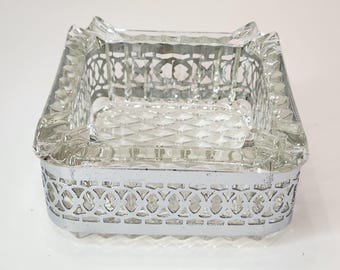 Vintage Square Clear Glass Ashtray With Diamond Pattern Bottom & Chrome Filagree Band