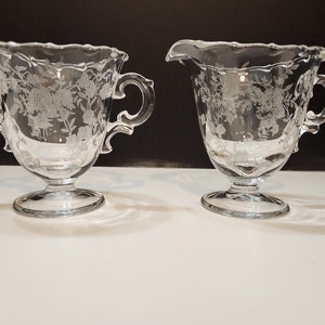 Fostoria Bouquet Pattern Floral Etched Clear Glass Footed  Open Sugar Bowl & Creamer Set Of 2 With Fancy Rims And Handles