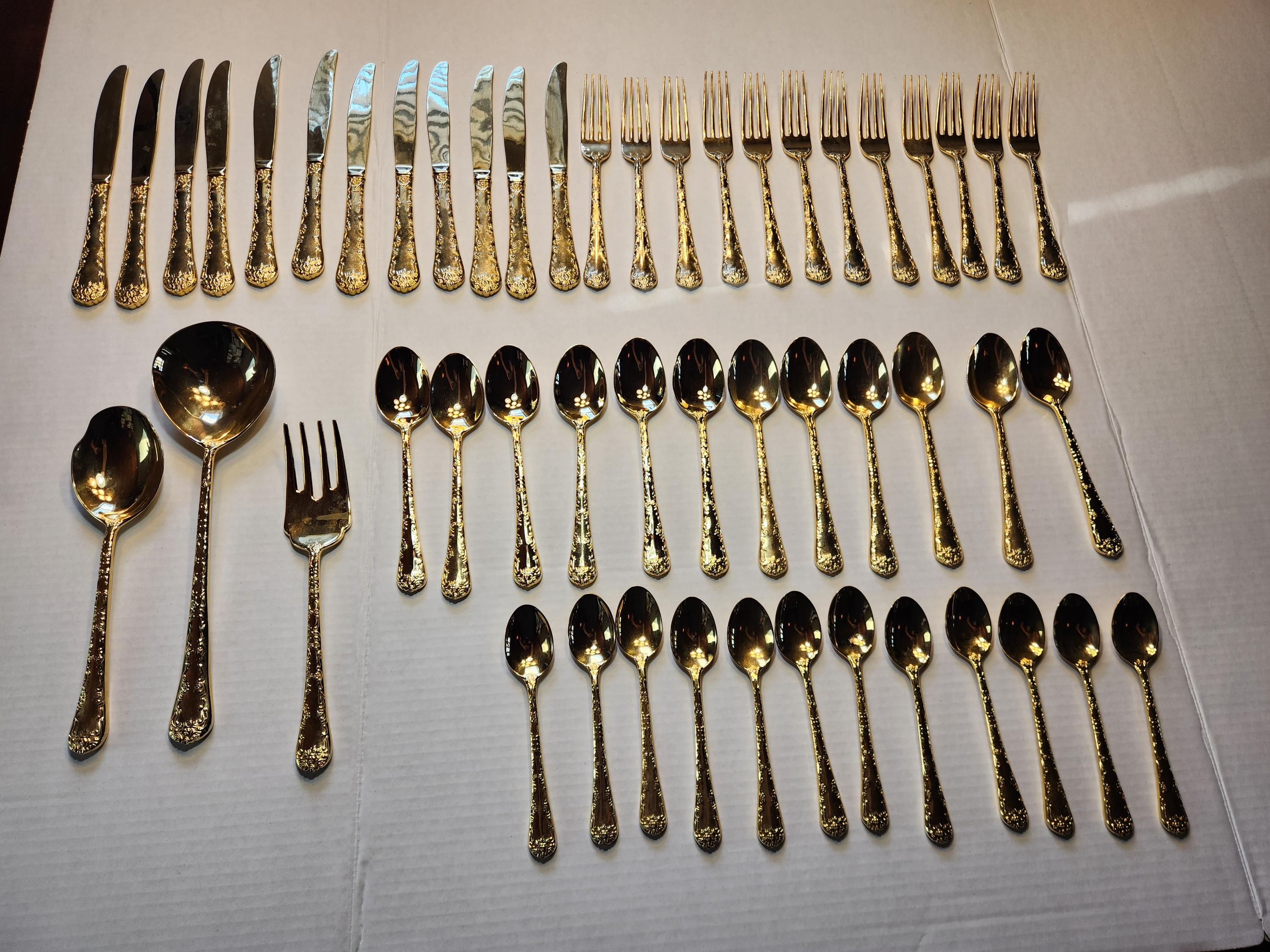 Gold Electroplate Wm. Rogers 51 Piece Flatware Set - Golden