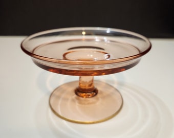 Pillar Candle Holder/ Small Compote Pink Depression Glass With Gold Trim